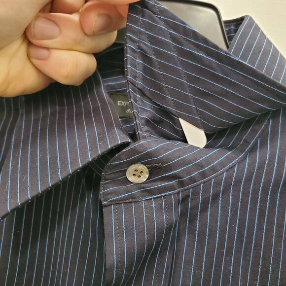Express Design Studio 80s 2-Ply Cotton Modern Fit Navy Blue Stripe Dress Shirt L - Picture 4 of 7